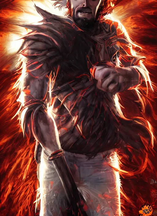 Image similar to An epic fantasy comic book style portrait painting of young man with red spiked long hair, using an orange lens googles. Wearing white shirt, a black waistcoat, brown pants and black boots. He is with a vicious smile in face. Unreal 5, DAZ, hyperrealistic, octane render, cosplay, RPG portrait, dynamic lighting