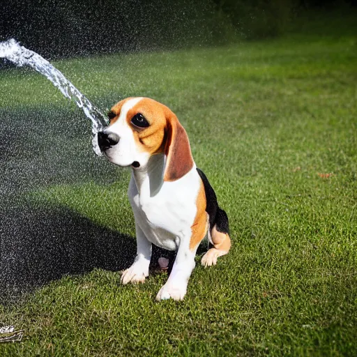 Prompt: A Beagle playing with water from a hose, outdoor photo, promo shoot, studio lighting