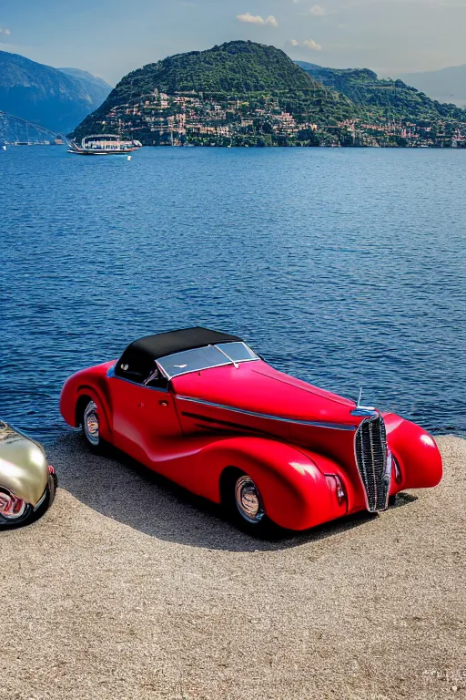 Image similar to Photo of a red 1939 Delahaye parked on a dock with Lake Como in the background, wide shot, daylight, blue sky, summer, dramatic lighting, award winning, highly detailed, 1980s, luxury lifestyle, fine art print, best selling.