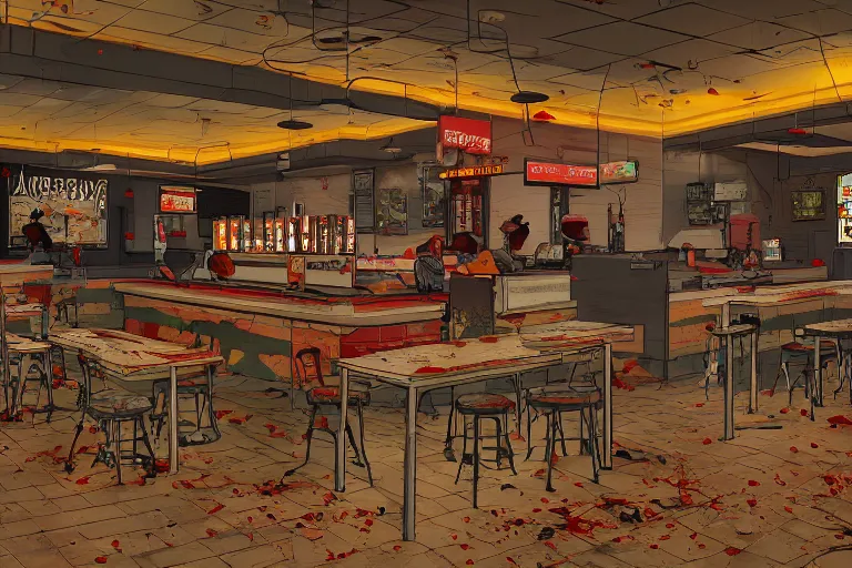 Image similar to the abandoned fast food restaurant of the dead crowded by demons, darkness, no light, hopeless, hell, artstation