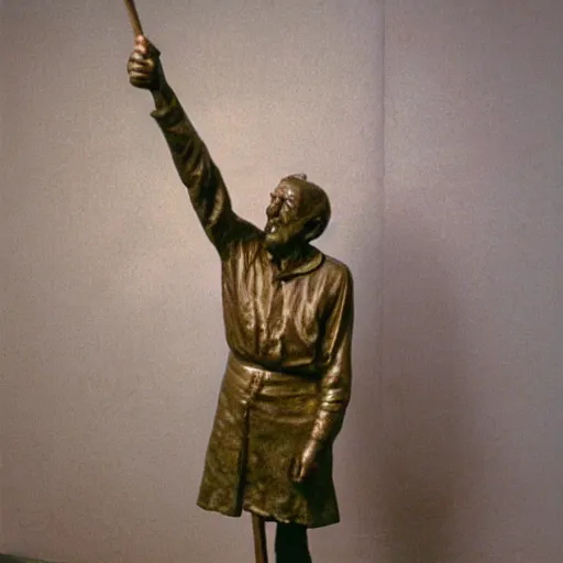 Image similar to patina bronze sculpture, old man with cane, in museum, soft light, kodak gold 2 0 0,