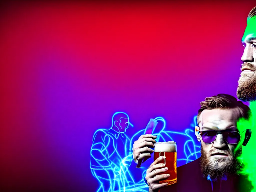 Image similar to a well framed portrait of conor mcgregor drinking a beer in an irish pub with a neon bar, laser show with blue cloud patterns, trending on art station, in the style of the movie heat with al pacino, volumetric lighting & shadows, digital art, unreal engine, 4 0 0 mm f 1. 2,