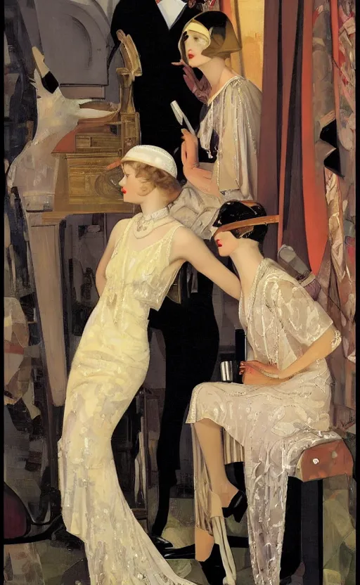 Image similar to an oil painting depicting high society life in the Jazz Age, 1920s style, smooth, Francis Coates Jones, Coles Phillips, Dean Cornwell, JC Leyendecker