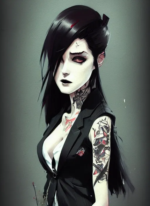 Image similar to ultradetailed beautiful panting of a stylish goth woman wearing a shirt with a tie, tattoos, she has black hair, distressed, by greg rutkowski, ashley wood, makoto shinkai, ilya kuvshinov, on artstation