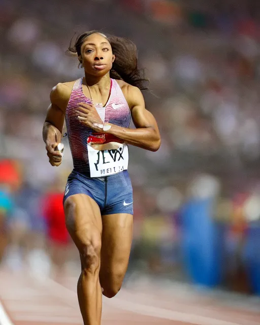 Image similar to allyson felix, at the 2 0 0 - meter starting line, olympic trials, sports photography in the style of neil leifer, bokeh