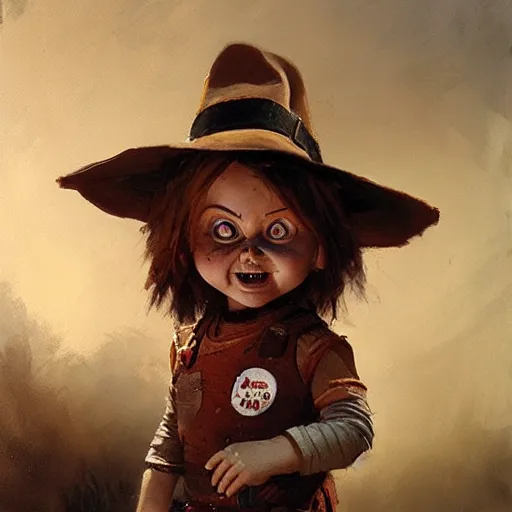 Image similar to the doll chucky playing this role of indiana jones, oil painting, by greg rutkowski