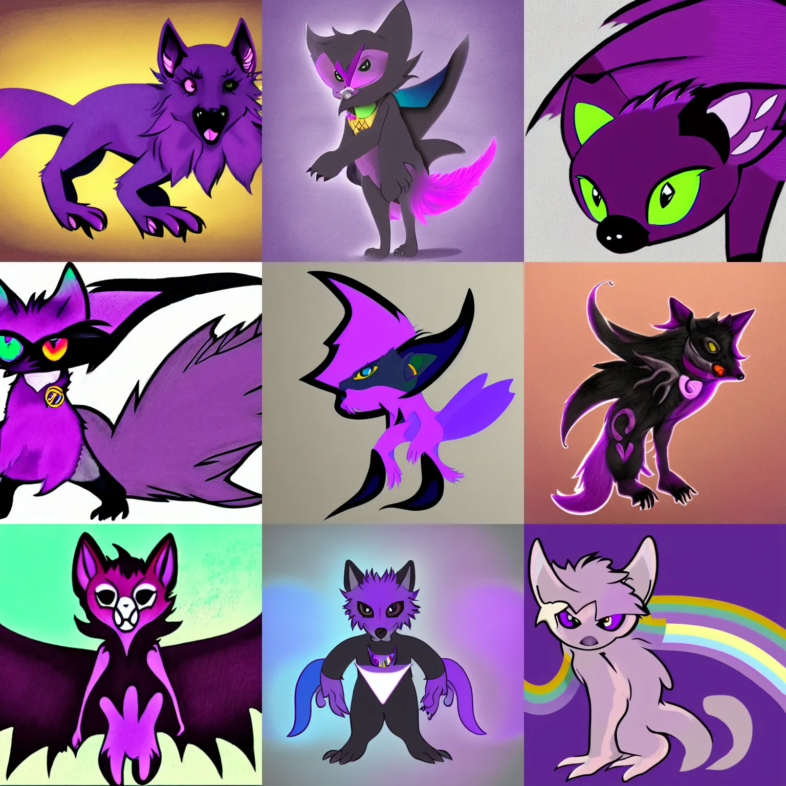 Prompt: a purple wolfbat fursona with an eyepatch and a rainbow tail, in a noir style