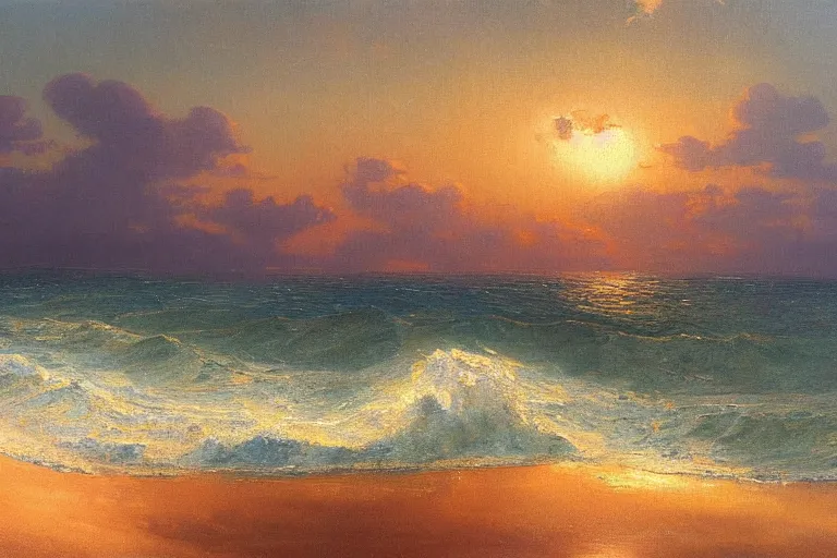 Prompt: very detailed seascape with big waves and sunset painted with oil paints in the style of Kuindzhi