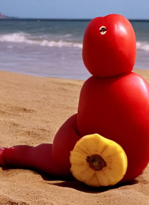 Image similar to jeff goldblum as a banana tomato on the sand of a beach