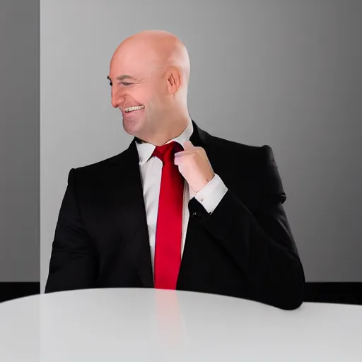 Image similar to a bald man wearing a black suit with a red tie smiling and looking at the camera ( greatly detailed, still frame shot, photo realistic, high quality photo, hyperrealistic and uhd )