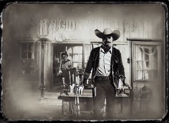 Prompt: hybrid pixar tintype photograph of an renegade skeleton cowboy outlaw at a busy saloon in the old west, alcohol, old player piano, wide angle, volumetric lighting, cinematic, bokeh, octane render