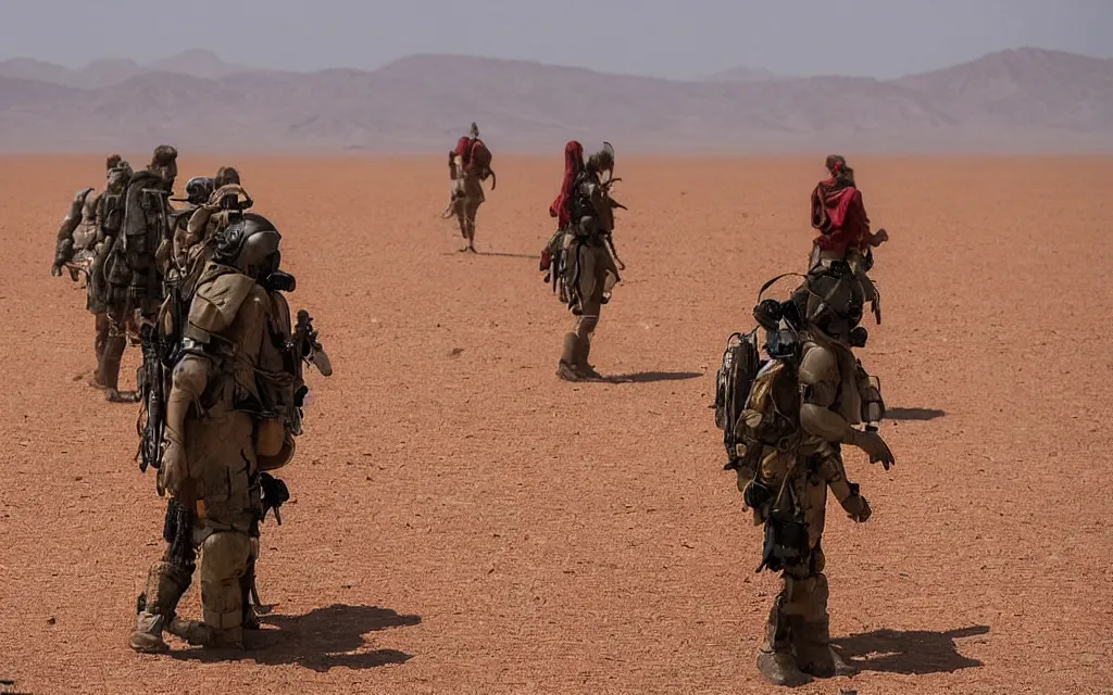 Image similar to in hot red desert a group of five people in dark green tactical gear like death stranding and masks in a sandy desert with distant red mesas behind them. They look afraid. dusty, red, mid day, heat shimmering.