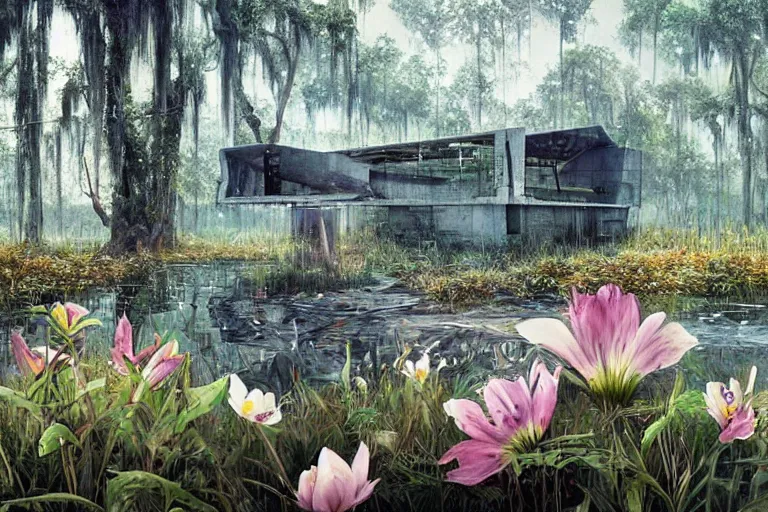 Image similar to hyperrealism, scene from louisiana swamps, starship, spring blooming flowers garden, true detective, 8 0 s japanese sci - fi books art