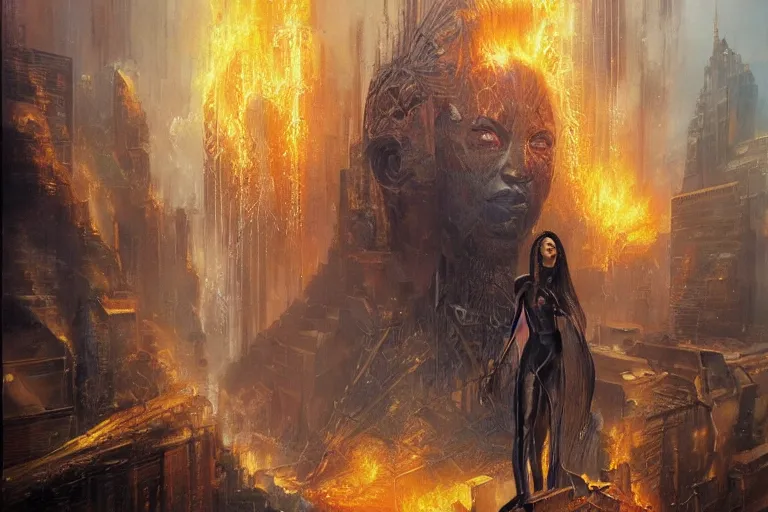 Image similar to a hero who makes things explode by looking at them standing in front of a burning city, concept art by Karol Bak