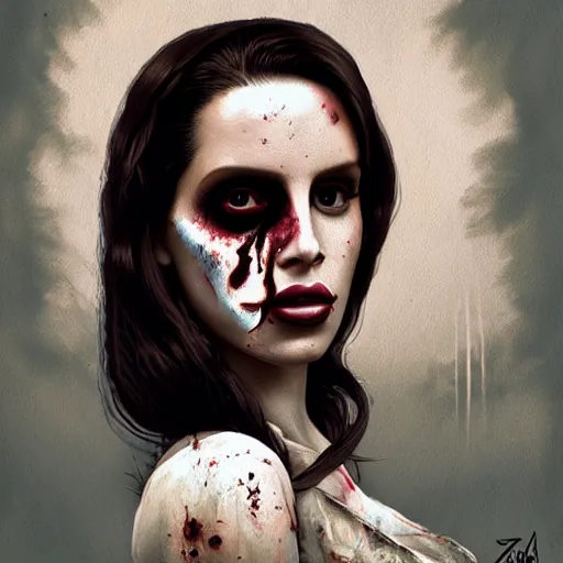 Prompt: color head portrait of lana del rey as a zombie with soft, 7 days to die zombie, gritty background, fine art, award winning, intricate, elegant, sharp focus, cinematic lighting, digital painting, 8 k concept art, art by michael hussar, art by brom, art by guweiz and z. w. gu, 8 k