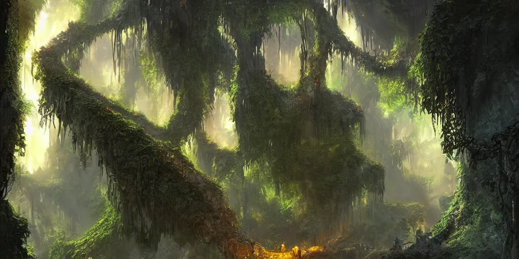 Image similar to a digital painting of a cave entrance in a mystical forest with vines hanging from trees, fireflies glowing in various colors, desaturated, a detailed matte painting by stephan martiniere, cgsociety, fantasy art, matte painting, concept art, fractalism