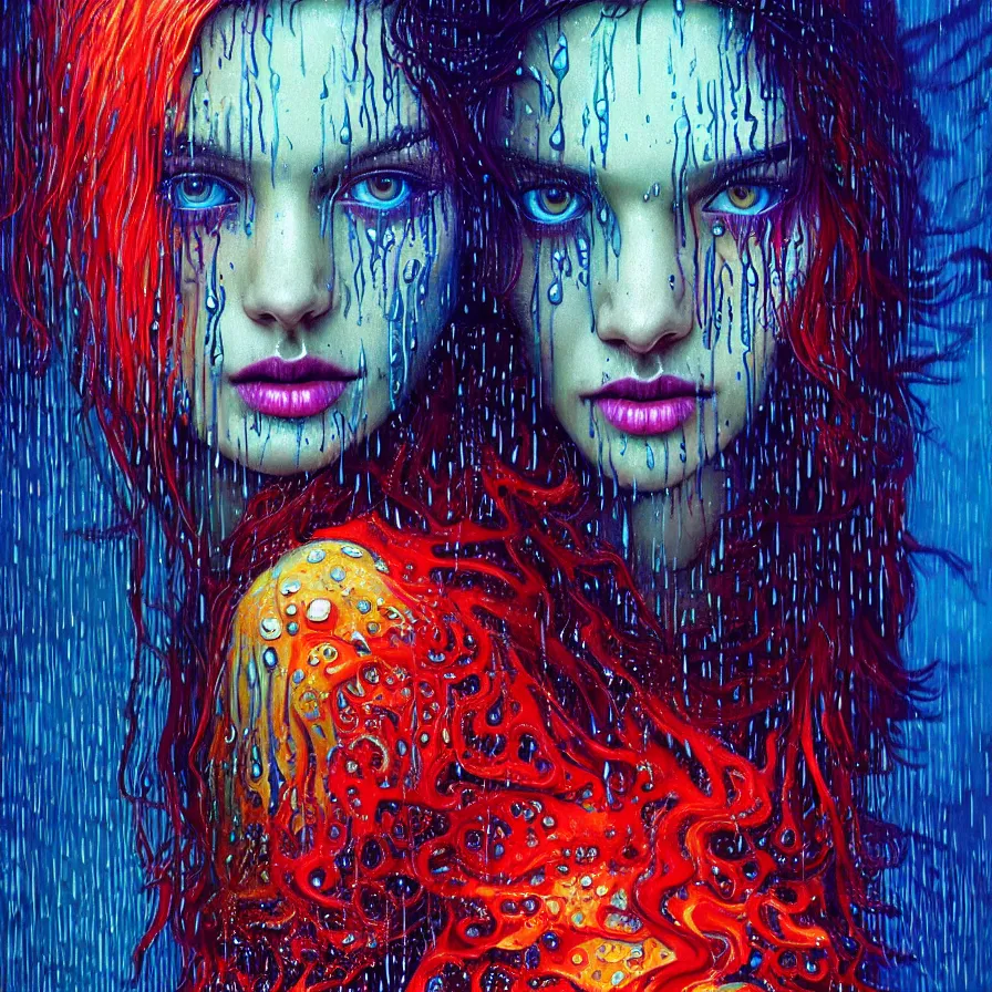 Image similar to bright asthetic portrait of LSD in rain with wet hair and face, liquid, fantasy, intricate, elegant, dramatic lighting, highly detailed, lifelike, photorealistic, digital painting, artstation, illustration, concept art, smooth, sharp focus, art by John Collier and Albert Aublet and Krenz Cushart and Artem Demura and Alphonse Mucha