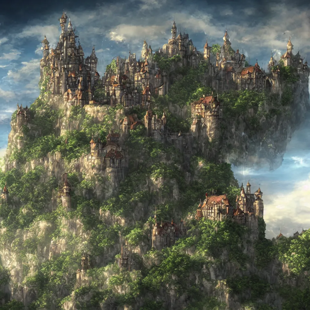 Prompt: epic image of a castle above the sky, anime, 3 d rendering