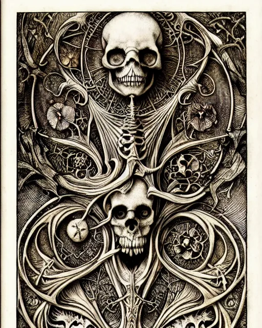 Image similar to memento mori by arthur rackham, art forms of nature by ernst haeckel, exquisitely detailed, art nouveau, gothic, ornately carved beautiful skull dominant, intricately carved antique bone, art nouveau botanicals, ornamental bone carvings, art forms of nature by ernst haeckel, horizontal symmetry, arthur rackham, ernst haeckel, symbolist, visionary