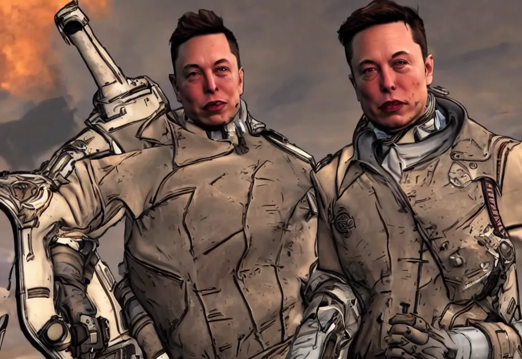 Image similar to elon musk in borderlands elon musk in the video game borderlands, gameplay screenshot, close up, 3 d rendering. unreal engine. amazing likeness. very detailed.