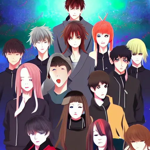 Image similar to there were eight anime people, no more than eight. Less than nine but more than seven, eight eight eight, 2 girls 6 guys digital art