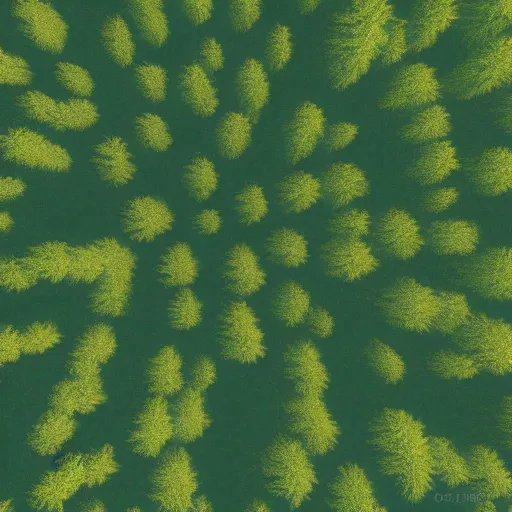 Prompt: a top down view of a digital painting of a thick pine tree forest