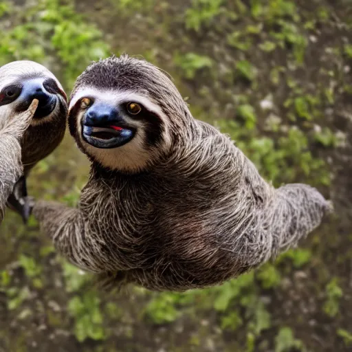 Prompt: sloth killing a pigeon with cute face, aggressive sloth fighting a muscled pigeon, best photo award, high quality 8 k, cinematic lighting