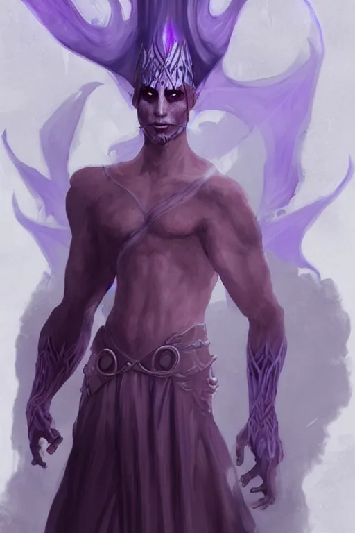 Prompt: djinn man male demon, portrait, full body, character concept art, costume design, illustration, white horns from eyebrows, purple cloak, black eyes, warlock, hyperrealism, trending on artstation, Charlie Bowater, WLOP