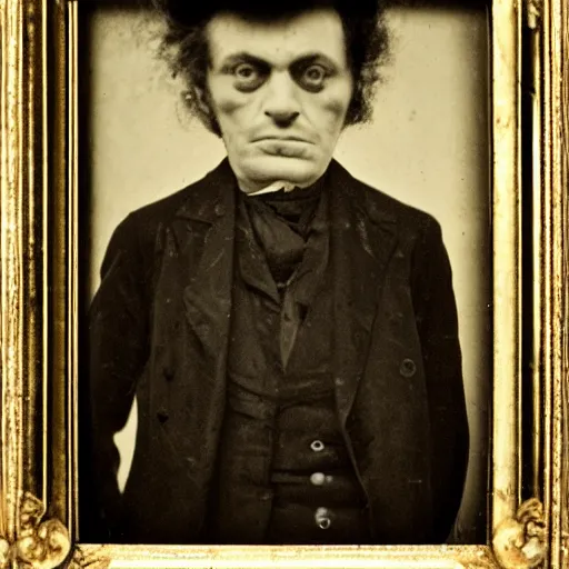 Image similar to close up photo portrait of a 19th century brutal angry gangster by Diane Arbus and Louis Daguerre