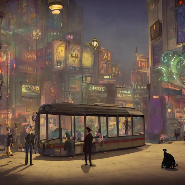 Prompt: few people waiting in a bus stop in dark city night, screenshot from Zootopia