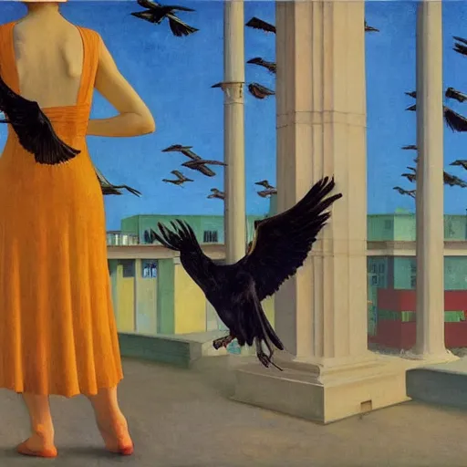 Image similar to a battle of crows in mumbai, hyperrealistic film still by edward hopper, by gottfried helnwein, by klimt, by paolo uccello, art nouveau, highly detailed, strong lights, liminal, eerie, metaphysical, bright pastel colors