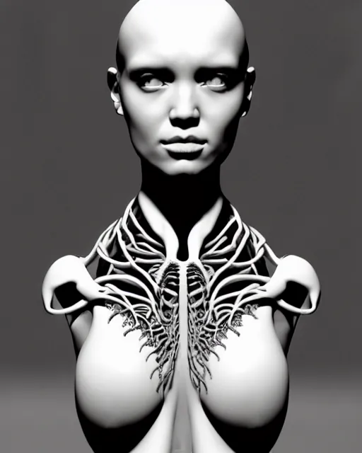 Prompt: a black and white 3D render of a young beautiful female queen-dragon-cyborg bust with a very long neck and Mandelbrot fractal face, Mandelbrot fractal skin, flesh, anatomical, facial muscles, veins, arteries, elegant, highly detailed, flesh highly ornated, hair are cable wires, elegant, high fashion, rim light, octane render, in the style of H.R. Giger, Realistic, Refined, Digital Art, Highly Detailed, Cinematic Lighting, rim light, black and white, photo-realistic, 8K