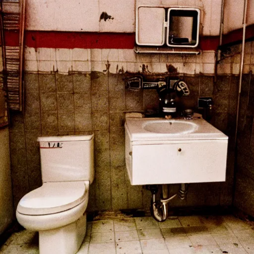 Image similar to a wide angle 3 5 mm film photography of a dirty cluttered bathroom somewhere in eastern europe, evocating a feeling of child wonder and endless possibilities