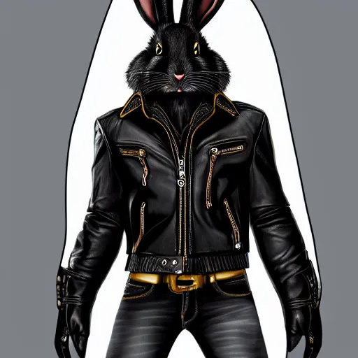 Prompt: A bunny with a small head wearing a fine intricate leather jacket and wearing fine intricate leather jeans and leather gloves, standing in front of a white background, trending on FurAffinity, energetic, dynamic, digital art, highly detailed, FurAffinity, high quality, digital fantasy art, FurAffinity, favorite, character art