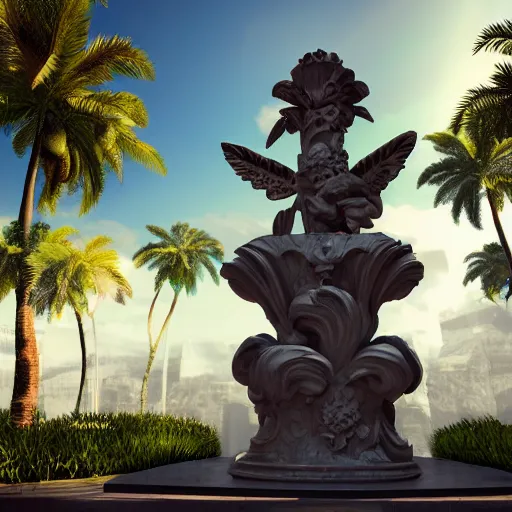 Prompt: baroque vaporwave statue, trending on art station, 4k UHD, 8k, painting illustration, high detail, rendered in unreal engine, 3d render, god rays, volumetric lighting, award winning, photorealistic, vegetation