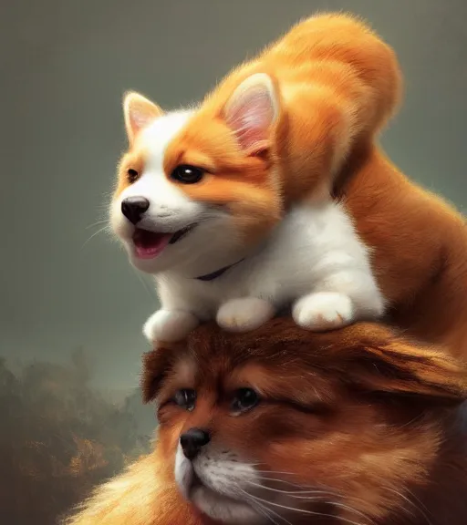 Image similar to fluffy cat riding on top of a corgi, realistic, portrait, intricate, detailed, volumetric lighting, scenery, digital painting, highly detailed, artstation, sharp focus, illustration, concept art, ruan jia, steve mccurry