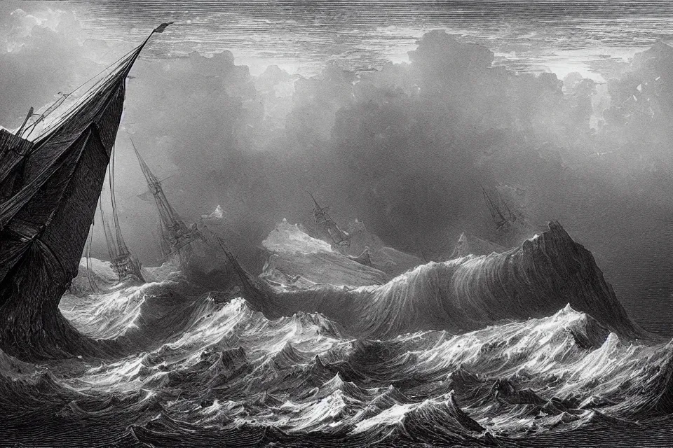 Prompt: the sea of ice, an engraving of a shipwreck in the arctic by gustave dore