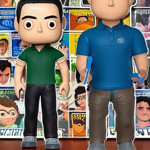 Prompt: a 30 year old skinny Peruvian programmer guy, clean shaven face, with thick straight brush up black hair on top, short on sides, in a dark green polo shirt, blue jeans and grey sneakers funko pop close up highly detailed photo