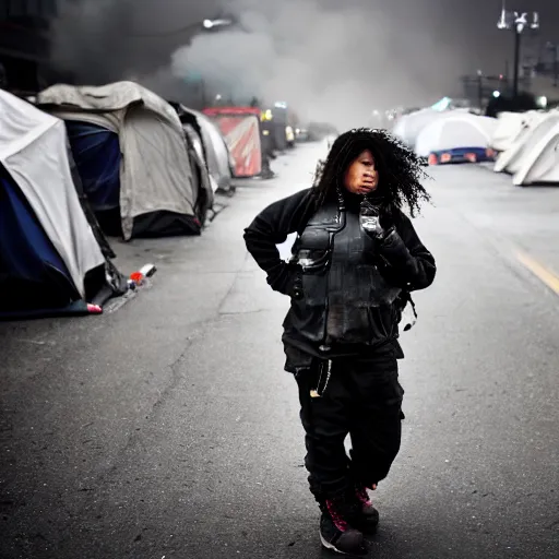 Image similar to Candid extreme wide shot of a poor techwear mixed woman with tattoos outside of a futuristic Los Angeles on fire, homeless tents on the side of the road, military police, cyberpunk, 4k, extreme long shot, desaturated, full shot, action shot, motion blur, sigma 85mm f/1.4, high resolution, 4k, 8k, hd, full color, important moment in history, award winning photography