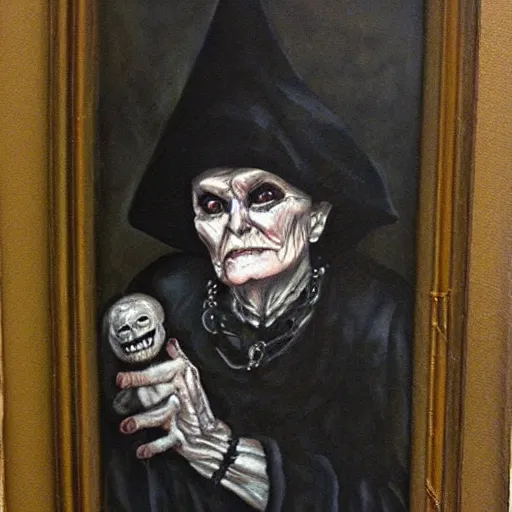 Image similar to creepy old cursed witch watching you sleep, eerie, haunted, oil painting