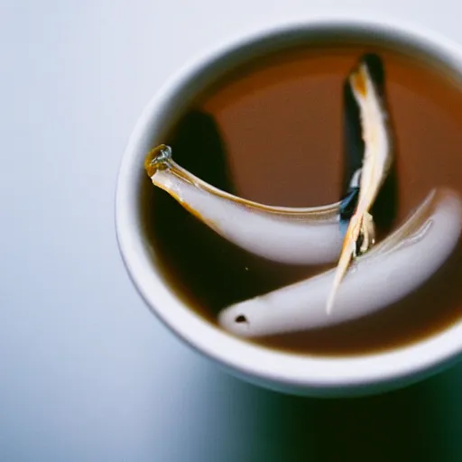Prompt: anchovies floating in a white porcelain cup of tea, 3 5 mm photo