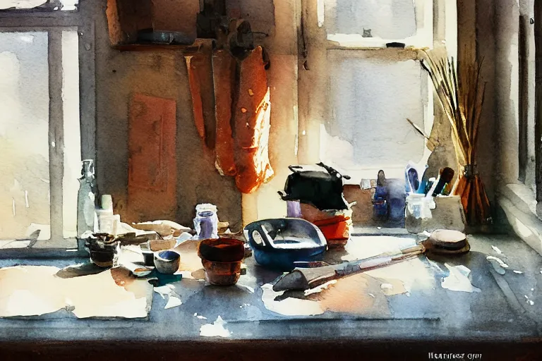 Prompt: small centered on watercolor paper, paint brush strokes, abstract watercolor painting of work bench, dishes and transparent glass, midday sharp light, dust, cinematic light, american romanticism by hans dahl, by jesper ejsing, by anders zorn, by greg rutkowski, by greg manchess, by tyler edlin