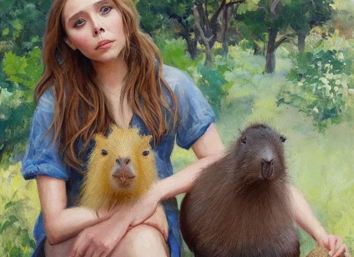 Image similar to a highly detailed beautiful portrait of elizabeth olsen with a capybara, by gregory manchess, james gurney, james jean