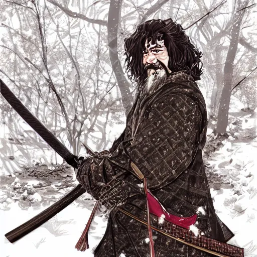 Image similar to detailed portrait of hagrid samurai with swords and steampunk rifles, in snow forest sakura cherry blossom, hakama kimono, trending on artstation elite, elegant, luxury, by krenz cushart, junji ito, takato yamamoto, perfect face, fine details, realistic shaded, fine - face, pretty face