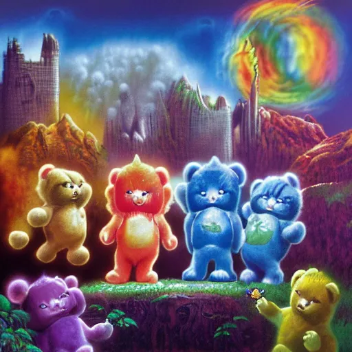 Prompt: the care bears on iron maiden album cover, 8 k resolution hyperdetailed surrealism