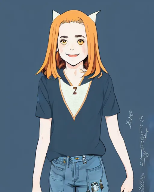 Image similar to full body beautiful anime witch Kiernan Shipka smiling, full body pose, symmetrical face symmetrical eyes, blurry background, Jamie McKelvie comic art, Alexandra Fomina artstation, face by Ilya Kushinov style, style by Loish, Norman Rockwell, painterly style, flat illustration