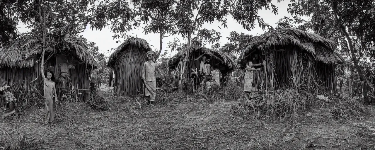 Image similar to rural vietnamese village building hut out of spaghetti, ultra - realistic faces, fine detail, canon 5 0 mm, in the style of ansel adams, wes anderson, kodachrome