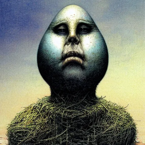Image similar to egg humpty dumpty front view by by luis royo and wayne barlowe, beksinski
