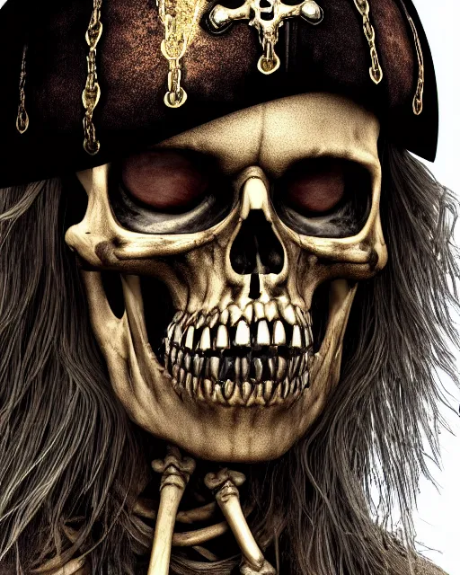 Prompt: realistic portrait of a pirate of bones, dark, gold, silver ornaments, facing camera, photo realistic, detailed, 1 4 5 0, delicate, hyper realism, ultra realistic, 8 k