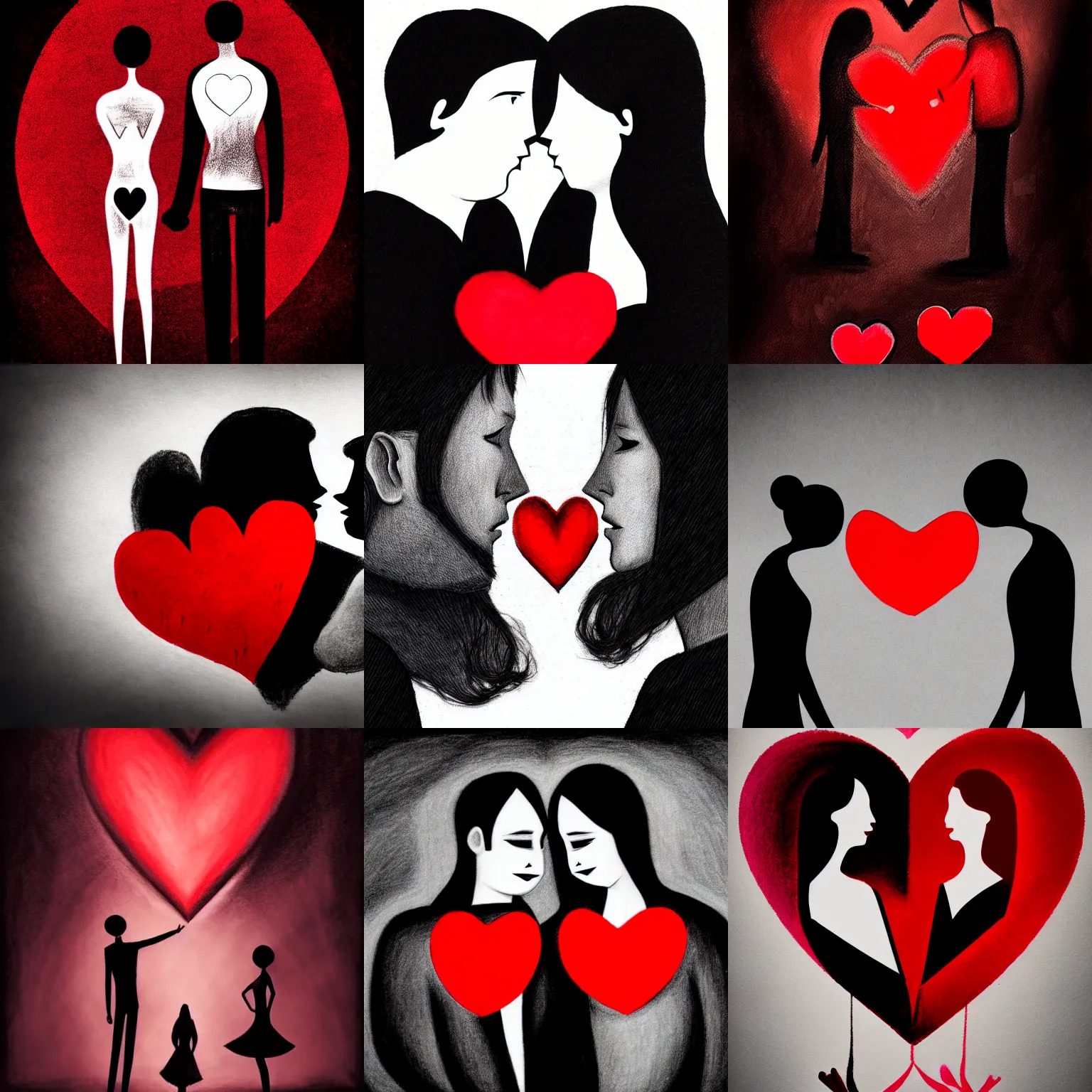 Prompt: couple (woman and man), several hearts, love, sadness, dark ambiance, concept by Godfrey Blow, featured on deviantart, drawing, sots art, lyco art, artwork, photoillustration, poster art, black and red